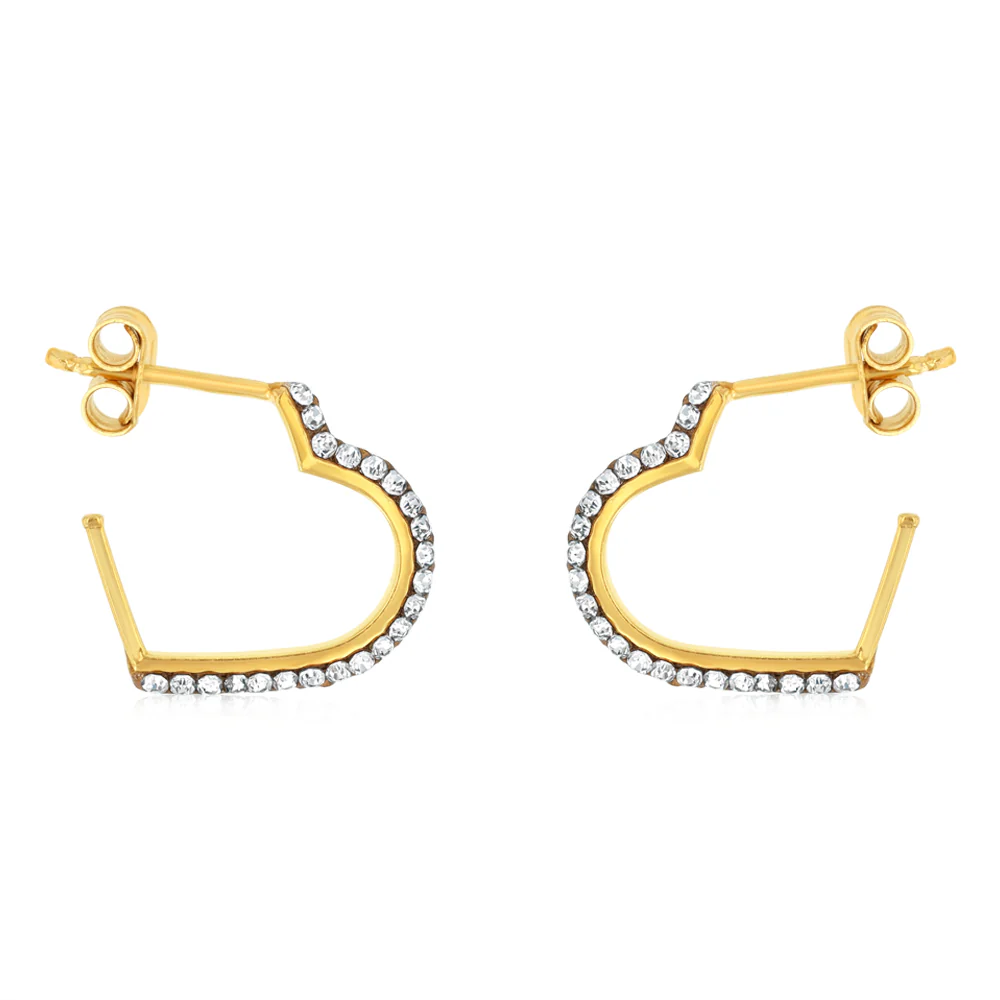9ct Yellow Gold Silverfilled Crystals On Heart 3/4th Hoop Earrings