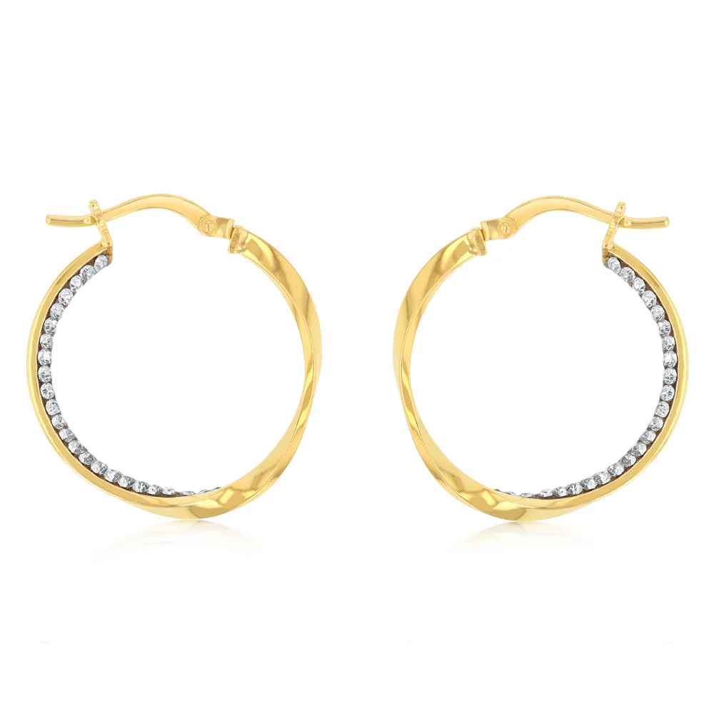 9ct Yellow Gold Silverfilled Crystals On Twisted Hoop Earrings
