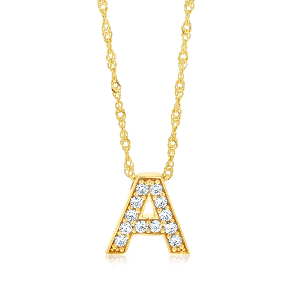 9ct Yellow Gold Silverfilled Cubic Zirconia Initial Letter "A" Pendant On Chain