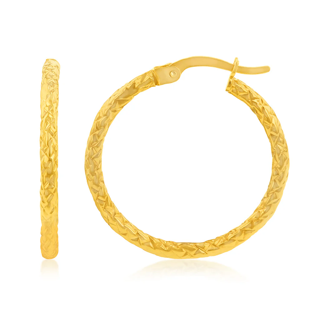 9ct Yellow Gold Silverfilled Diamond Cut 20mm Hoop Earrings