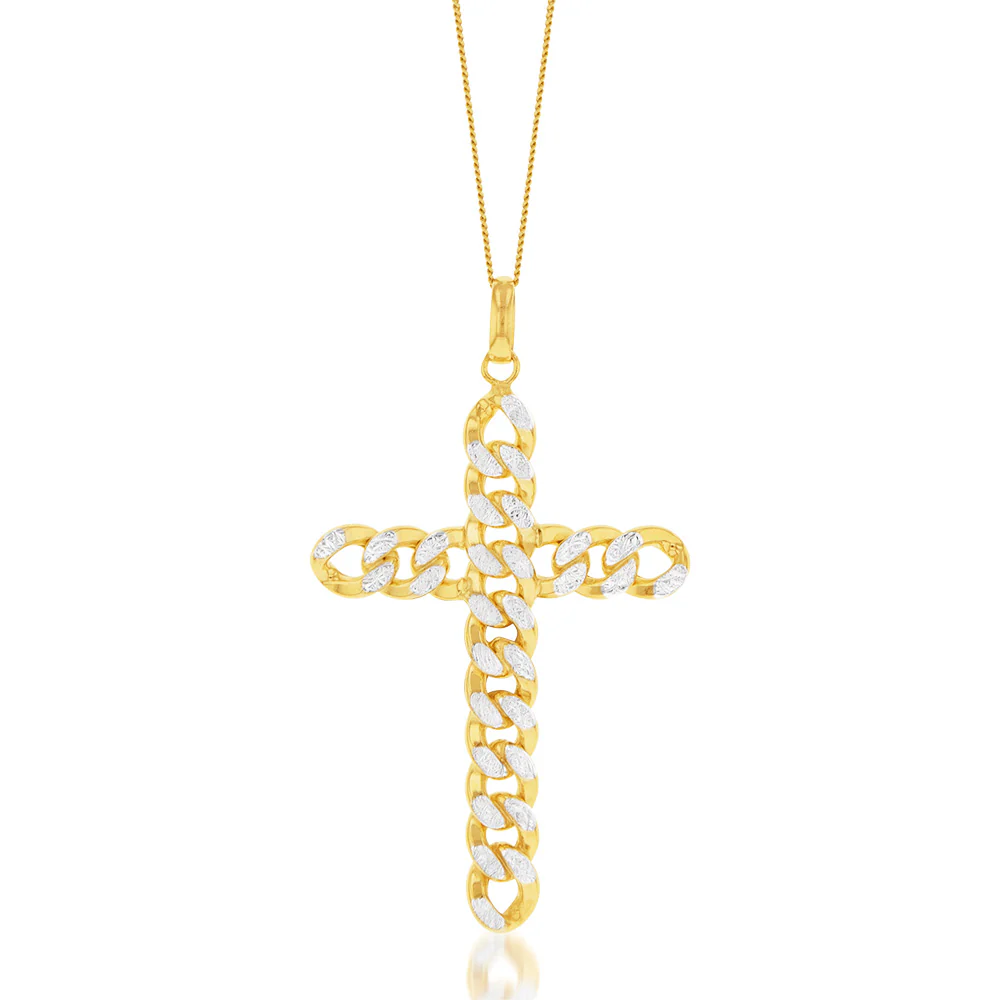 9ct Yellow Gold Silverfilled Diamond Cut Curb Link Cross Pendant