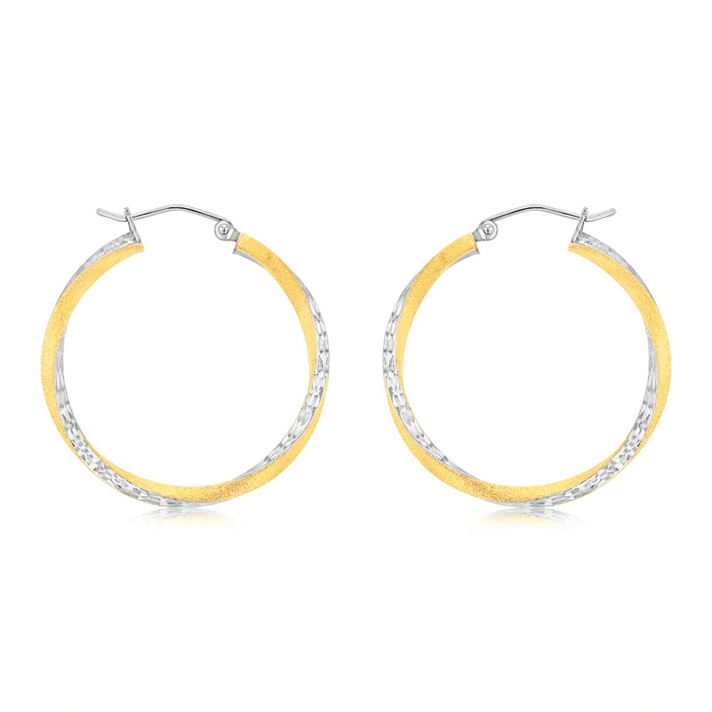 9ct Yellow Gold Silverfilled Diamond Cut Fancy Hoop Earrings