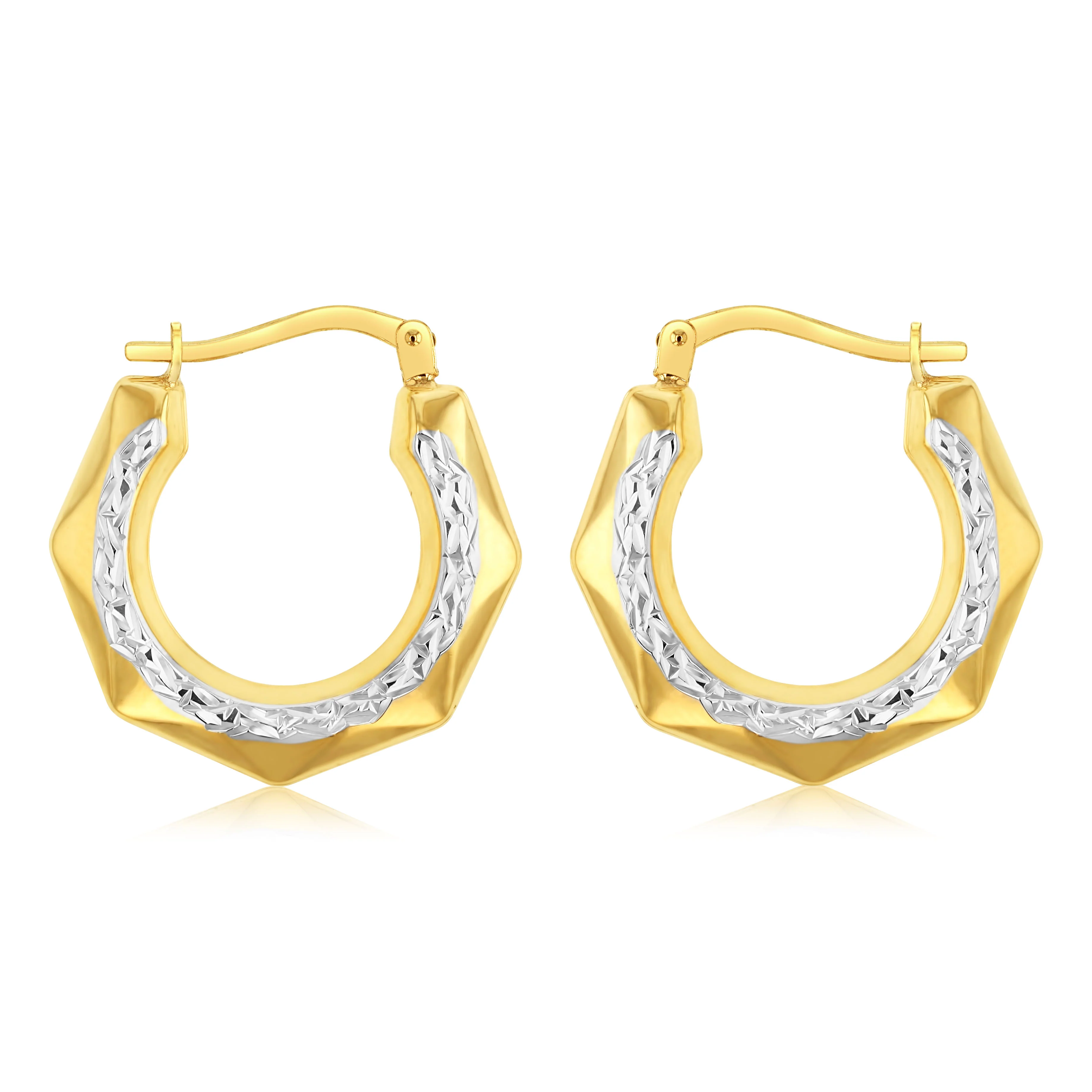 9ct Yellow Gold Silverfilled Diamond Cut Geometric Pattern Hoop Earrings