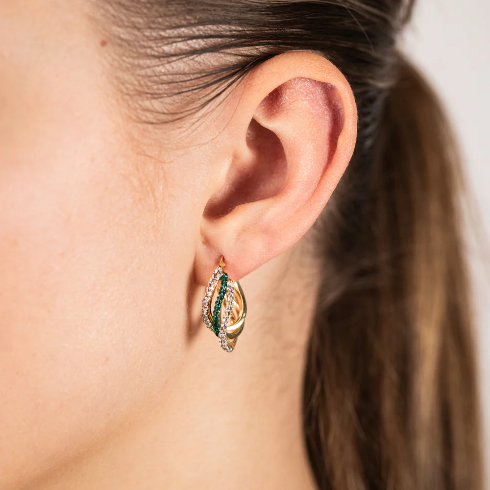 9ct Yellow Gold Silverfilled Green And White Crystal Triple Hoop Earrings - Image 2