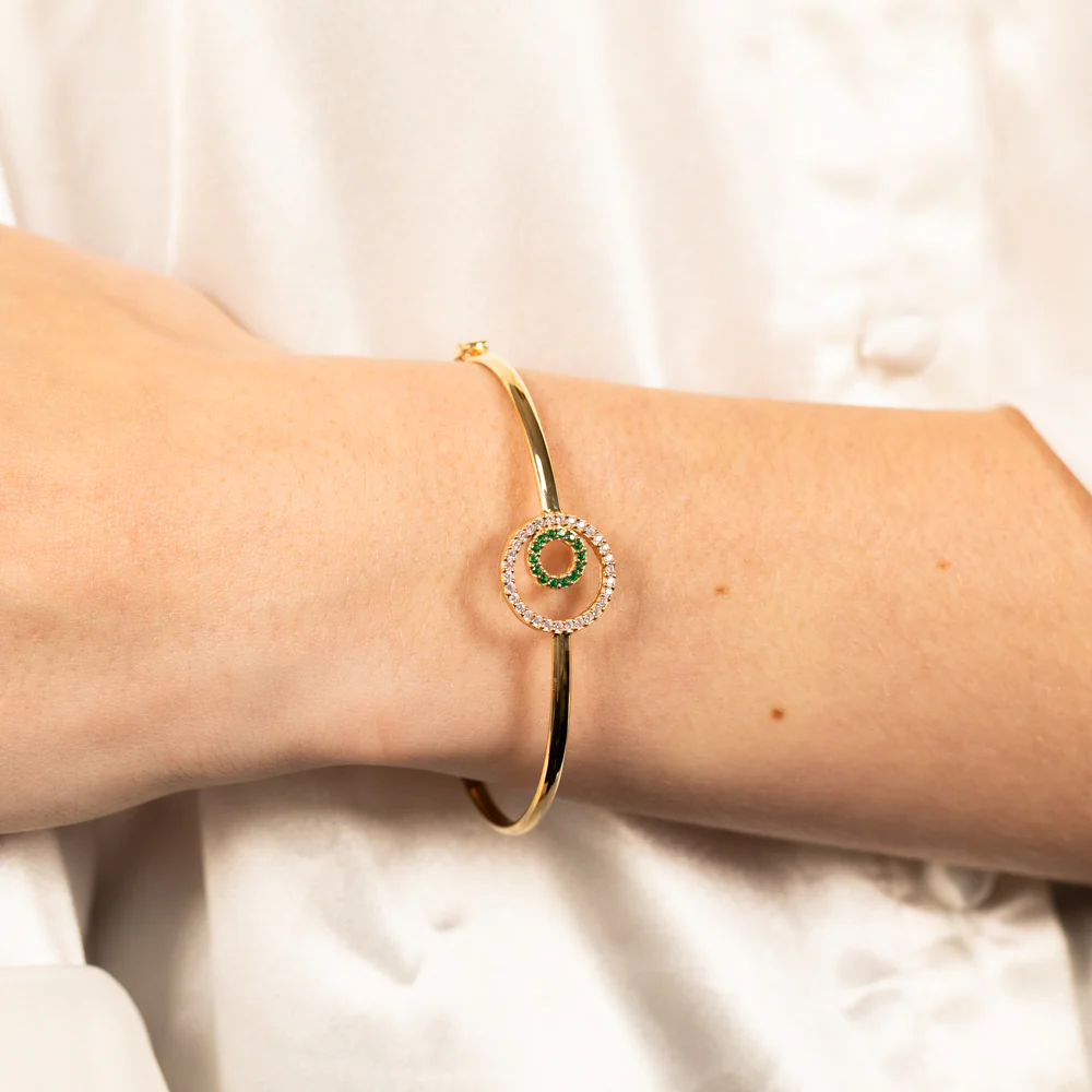 9ct Yellow Gold Silverfilled Green Zirconia Circle Bangle - Image 2