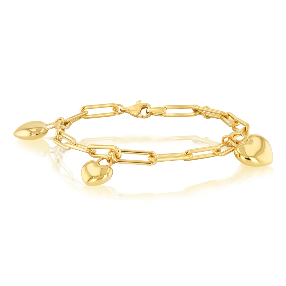 9ct Yellow Gold Silverfilled Heart Charm 19.7cm Bracelet