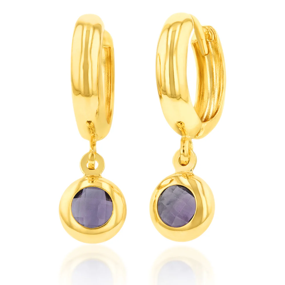 9ct Yellow Gold Silverfilled Hoop With Purple Stone Earrings