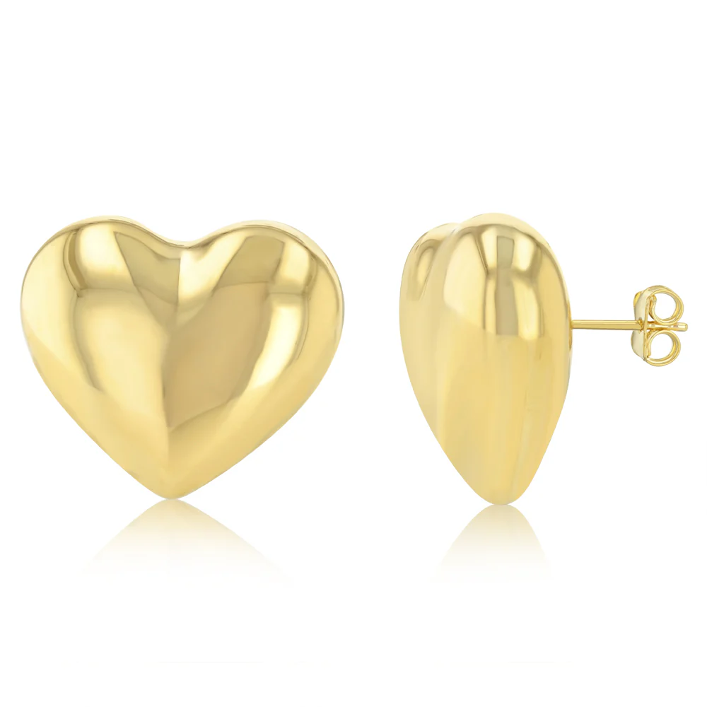 9ct Yellow Gold Silverfilled Polished Puffed Heart Stud Earrings