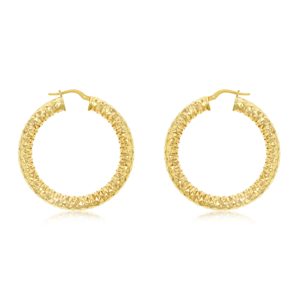 9ct Yellow Gold Silverfilled Sparkle Hollow 30mm Hoop Earrings