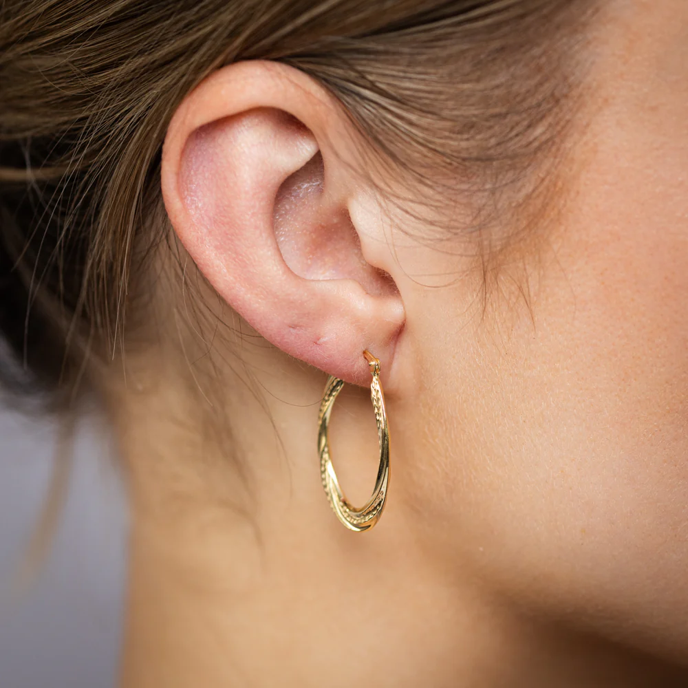 9ct Yellow Gold Silverfilled Textured Twisted Hoop Earrings - Image 2