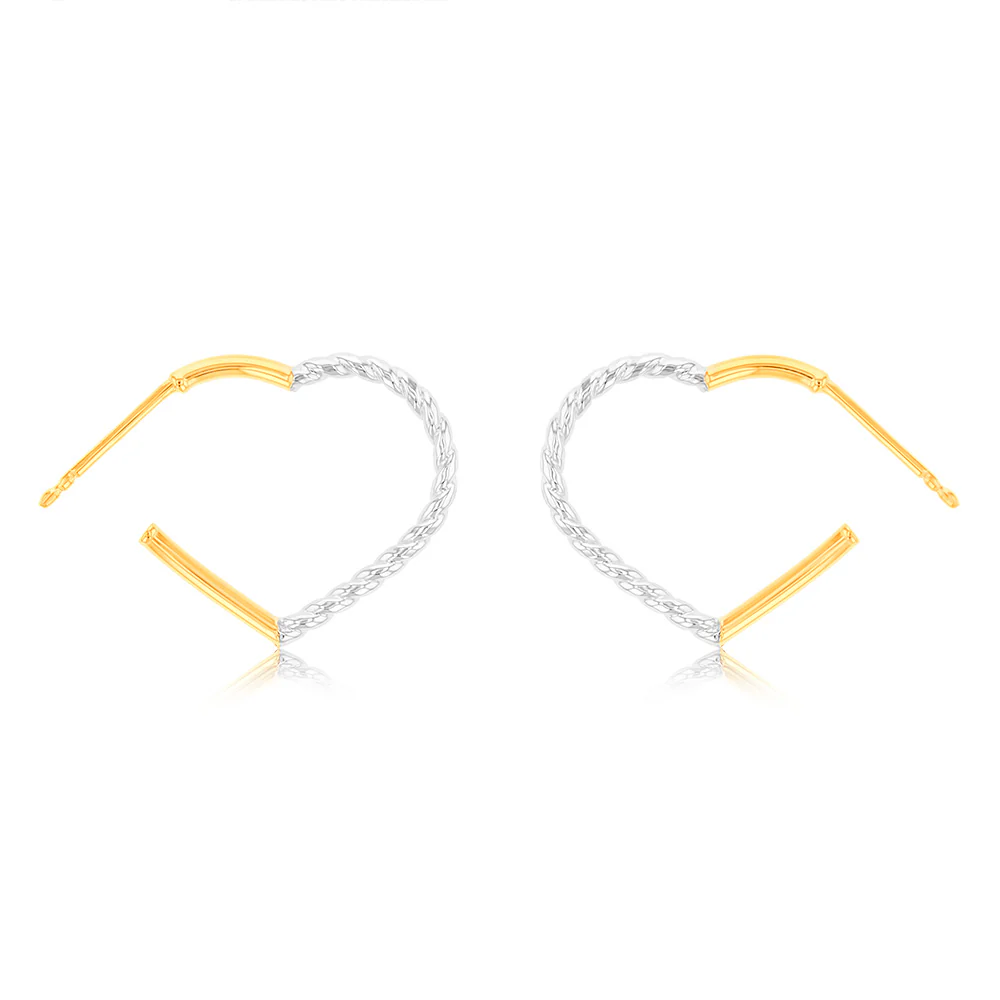 9ct Yellow Gold Silverfilled Two Tone Heart 3/4th Hoop Earrings
