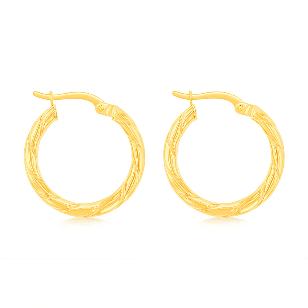9ct Yellow Gold Stripe Pattern Hoop Earrings - Image 2
