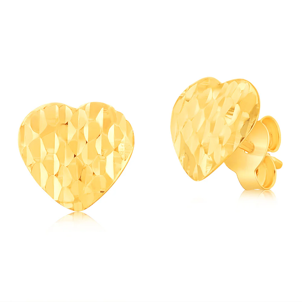 9ct Yellow Gold Textured Heart Stud Earrings
