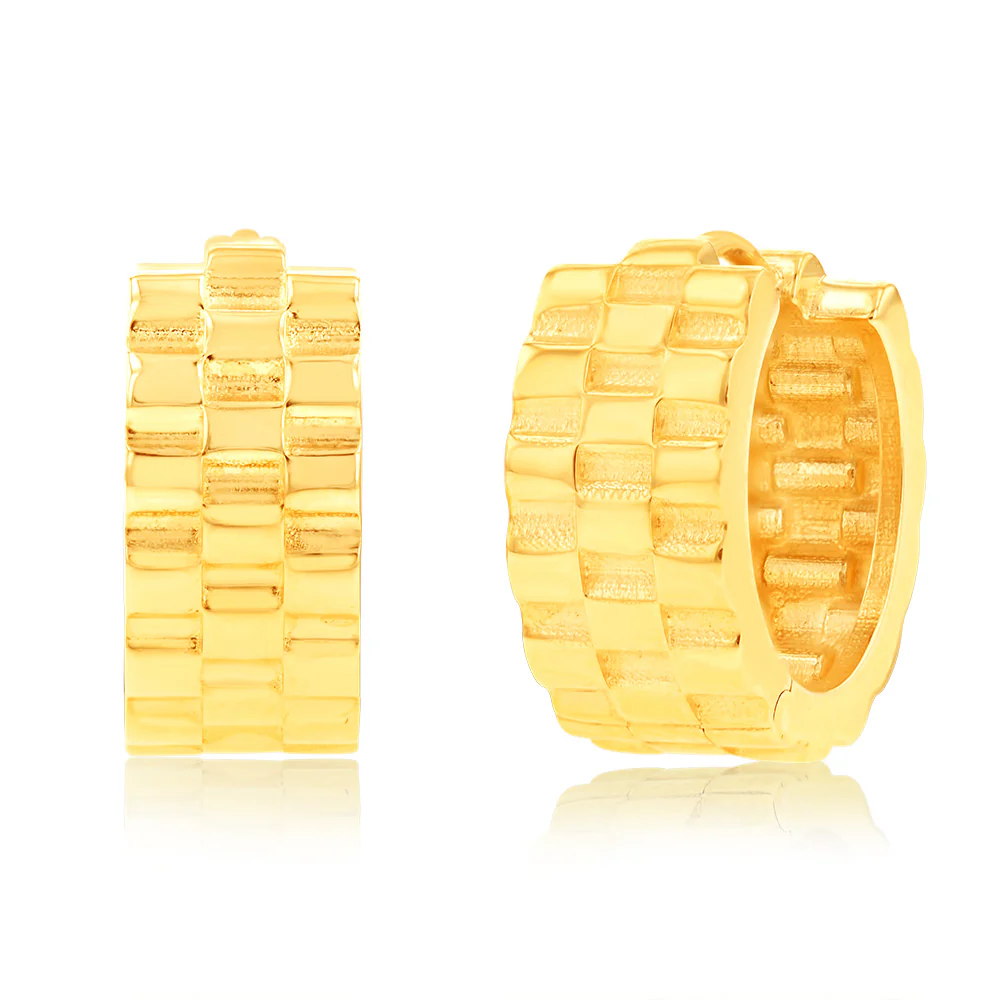9ct Yellow Gold Textured Huggies Hoop Earrings