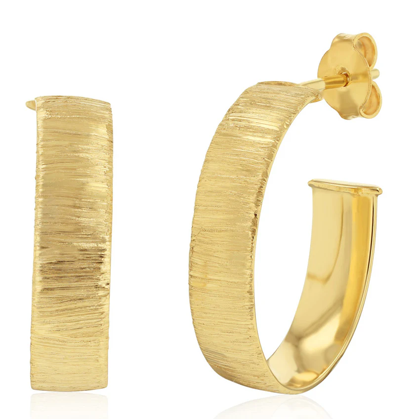 9ct Yellow Gold Textured Matte 3/4th Hoop Earrings