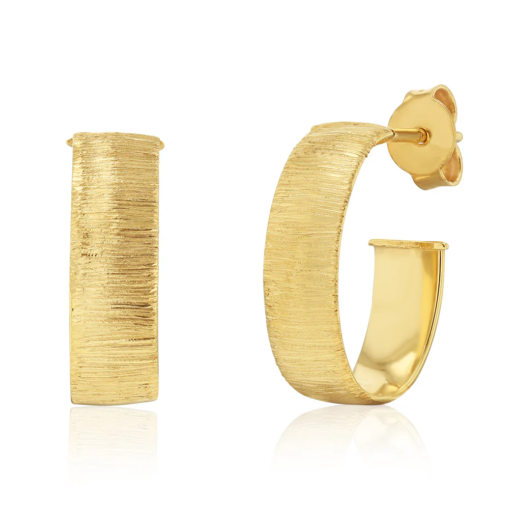 9ct Yellow Gold Textured Matte Finish 3/4th Hoop Earrings