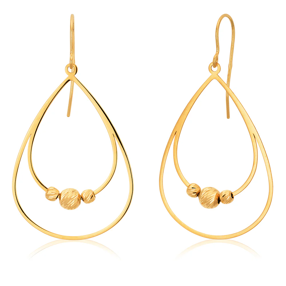 9ct Yellow Gold Trio of Beads Dangling Drop 22mm Earrings "Eleanor"