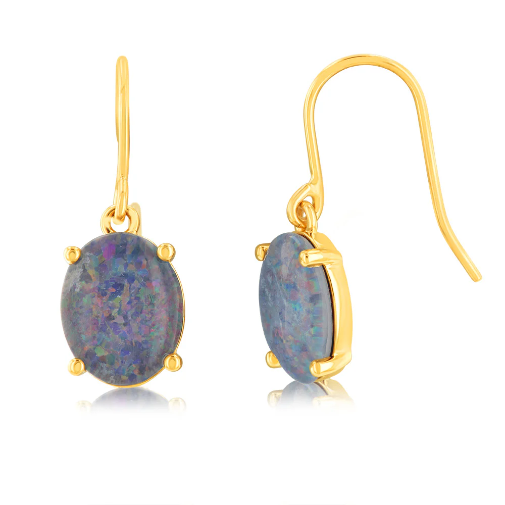 9ct Yellow Gold Triplet Opal Hook Drop Earrings