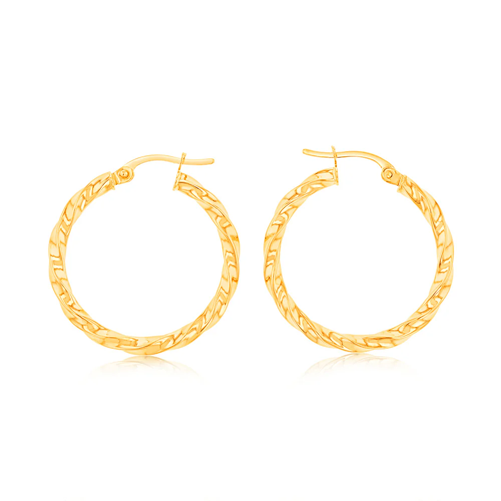 9ct Yellow Gold Twist 20mm Hoop Earrings