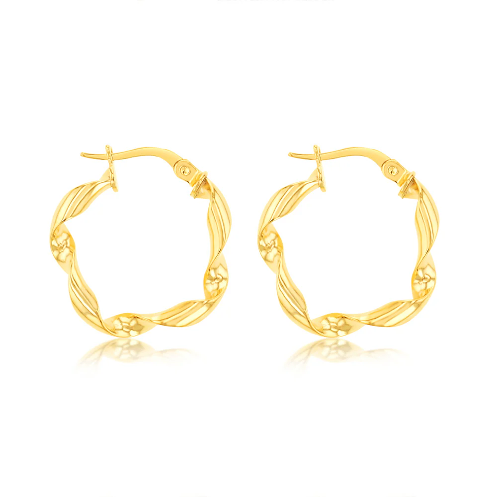 9ct Yellow Gold Twisted 15mm Hoop Earrings
