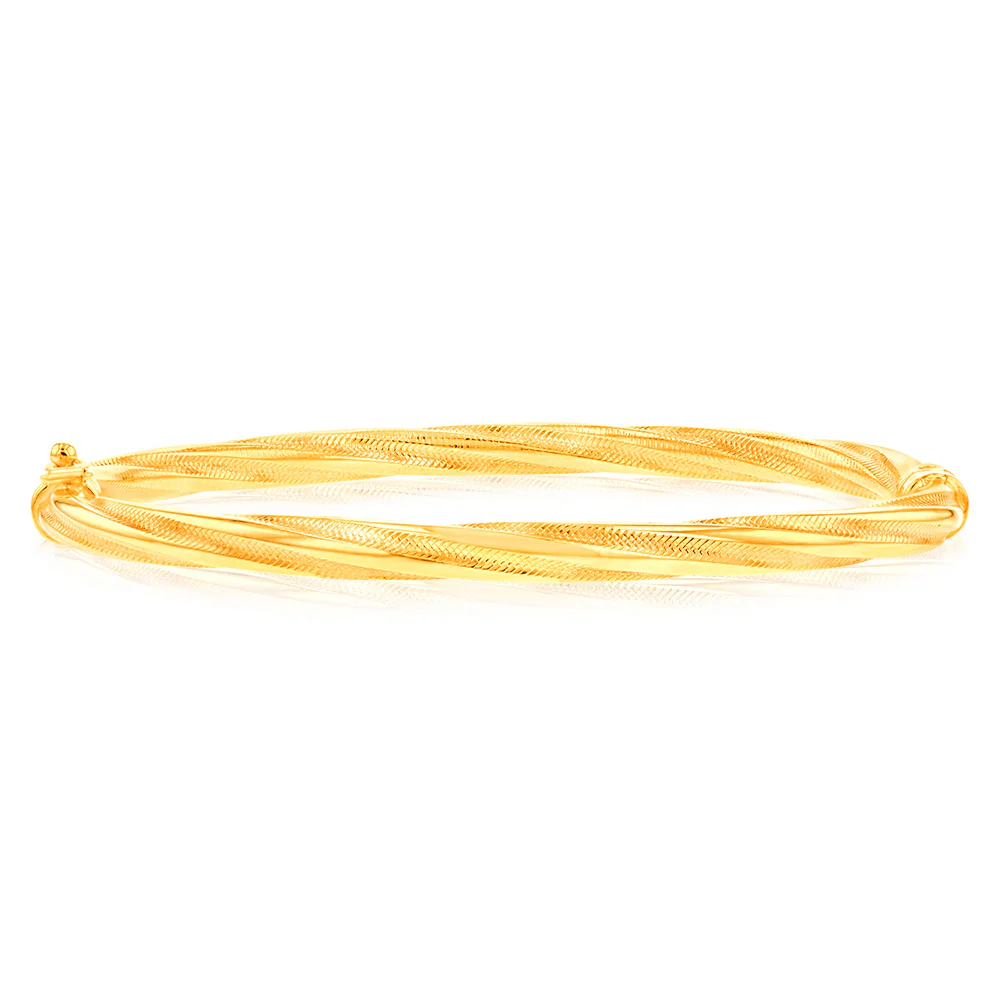 9ct Yellow Gold Twisted Tube Hinged Bangle