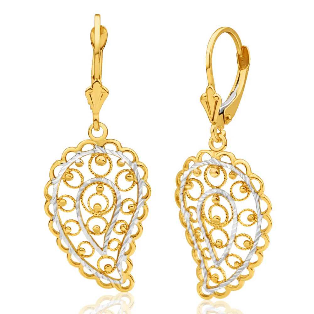 9ct Yellow Gold & White Gold Drop Earrings Filigree Leaf Design