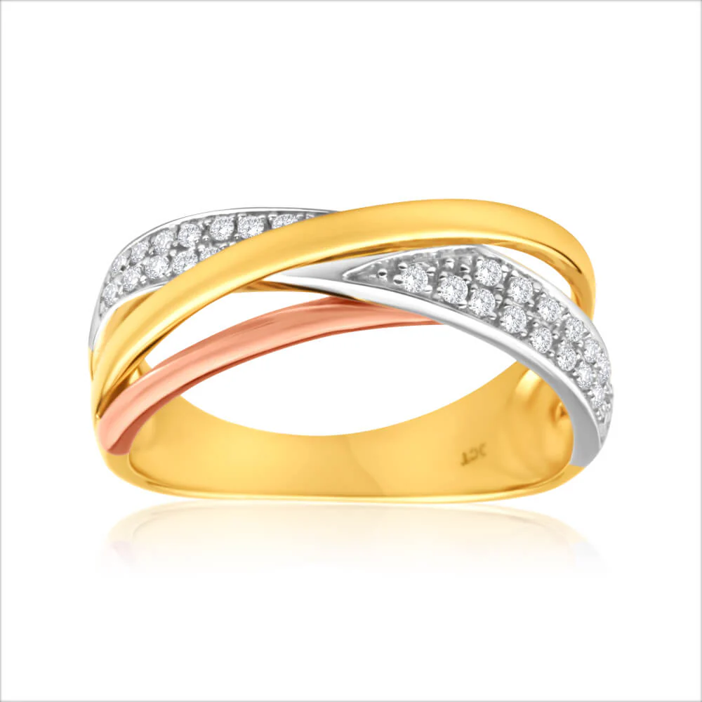 9ct Yellow Gold, White Gold & Rose Gold 1/6 Carat Diamond Ring
