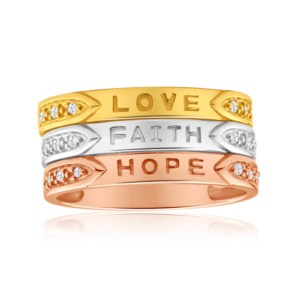 9ct Yellow Gold, White Gold & Rose Gold Diamond 3 Ring Set