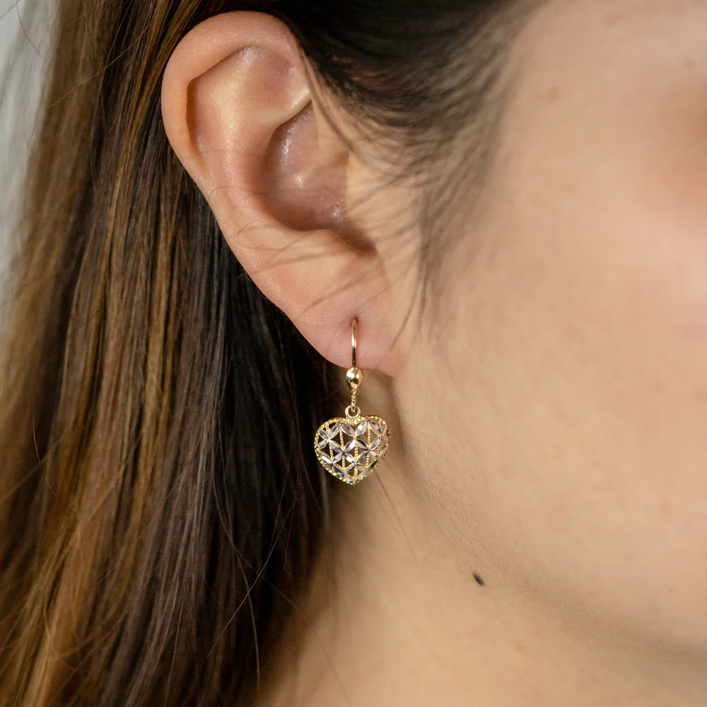 9ct Yellow Gold & White Gold Two-Tone Heart Shaped Filigree Drop Earrings - Image 2