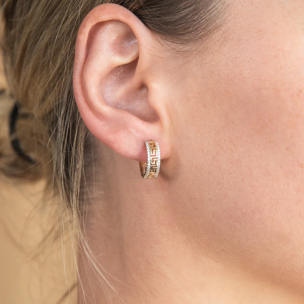 9ct Yellow Gold Zirconia Greek Key Huggie Hoops - Image 2