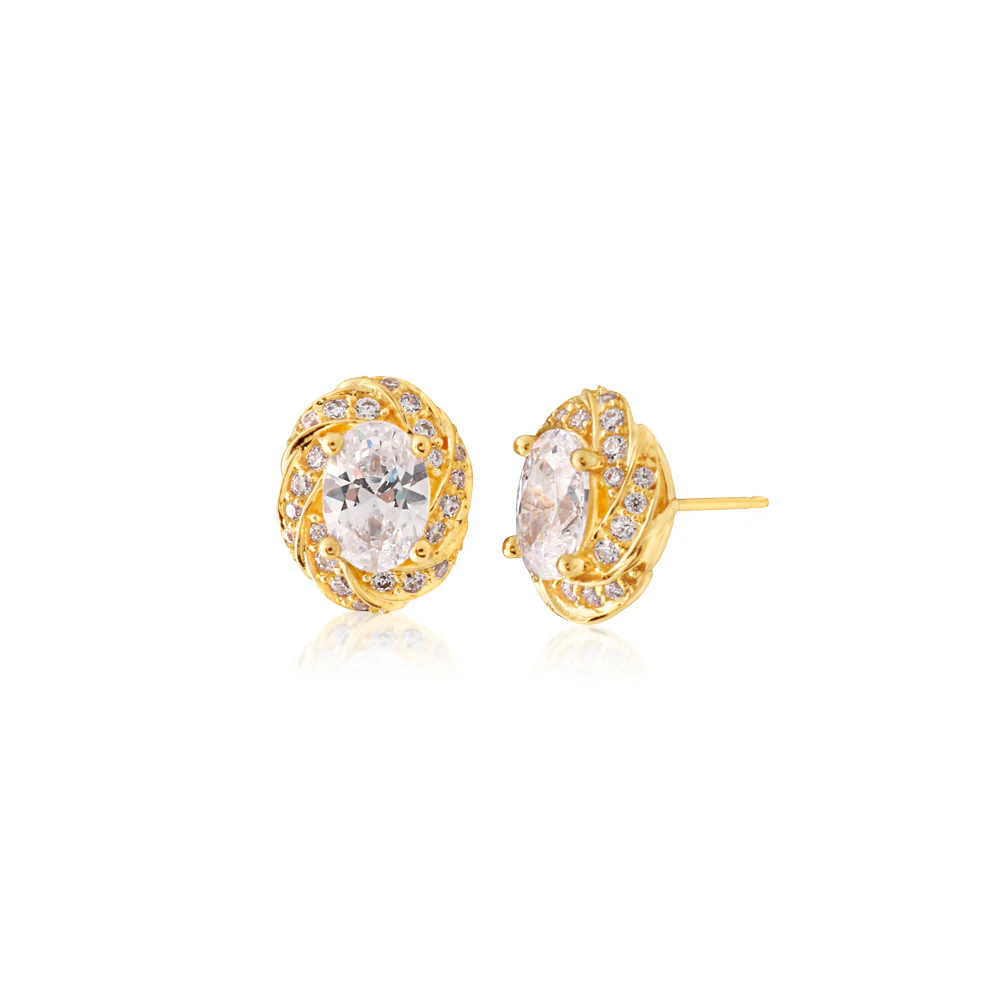 9ct Yellow Gold Zirconia Oval Studs with a Fancy Twist Halo