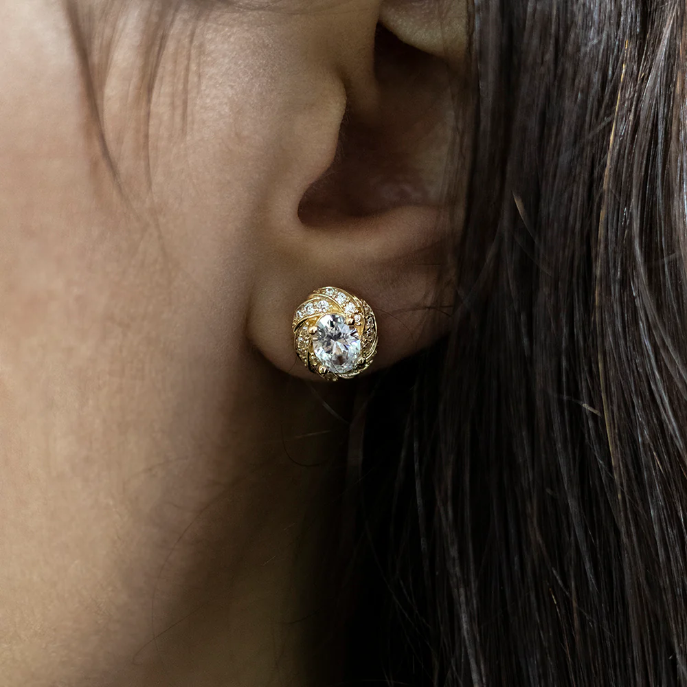 9ct Yellow Gold Zirconia Oval Studs with a Fancy Twist Halo - Image 2