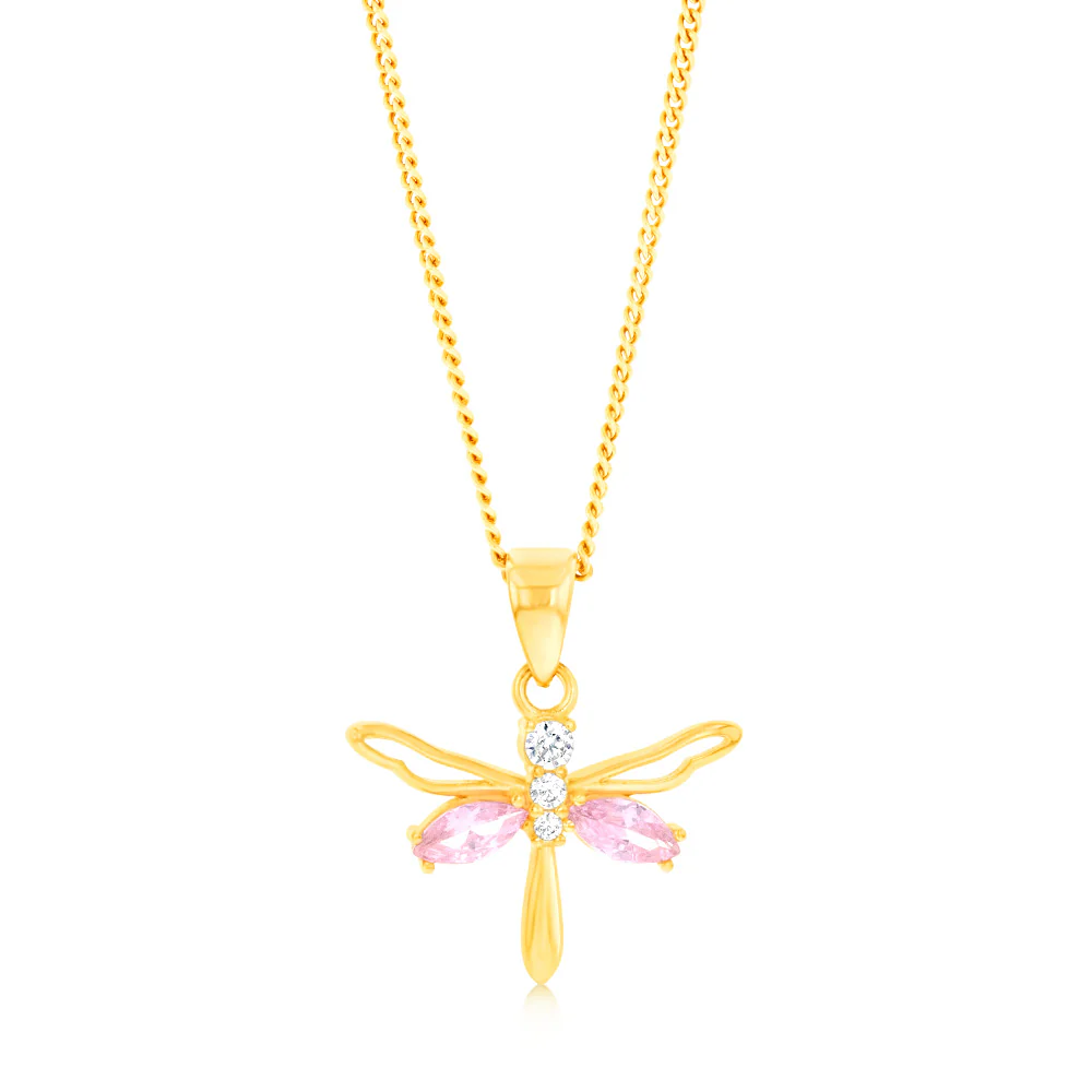 9ct Yellow Gold Zirconia Pink Dragonfly Pendant