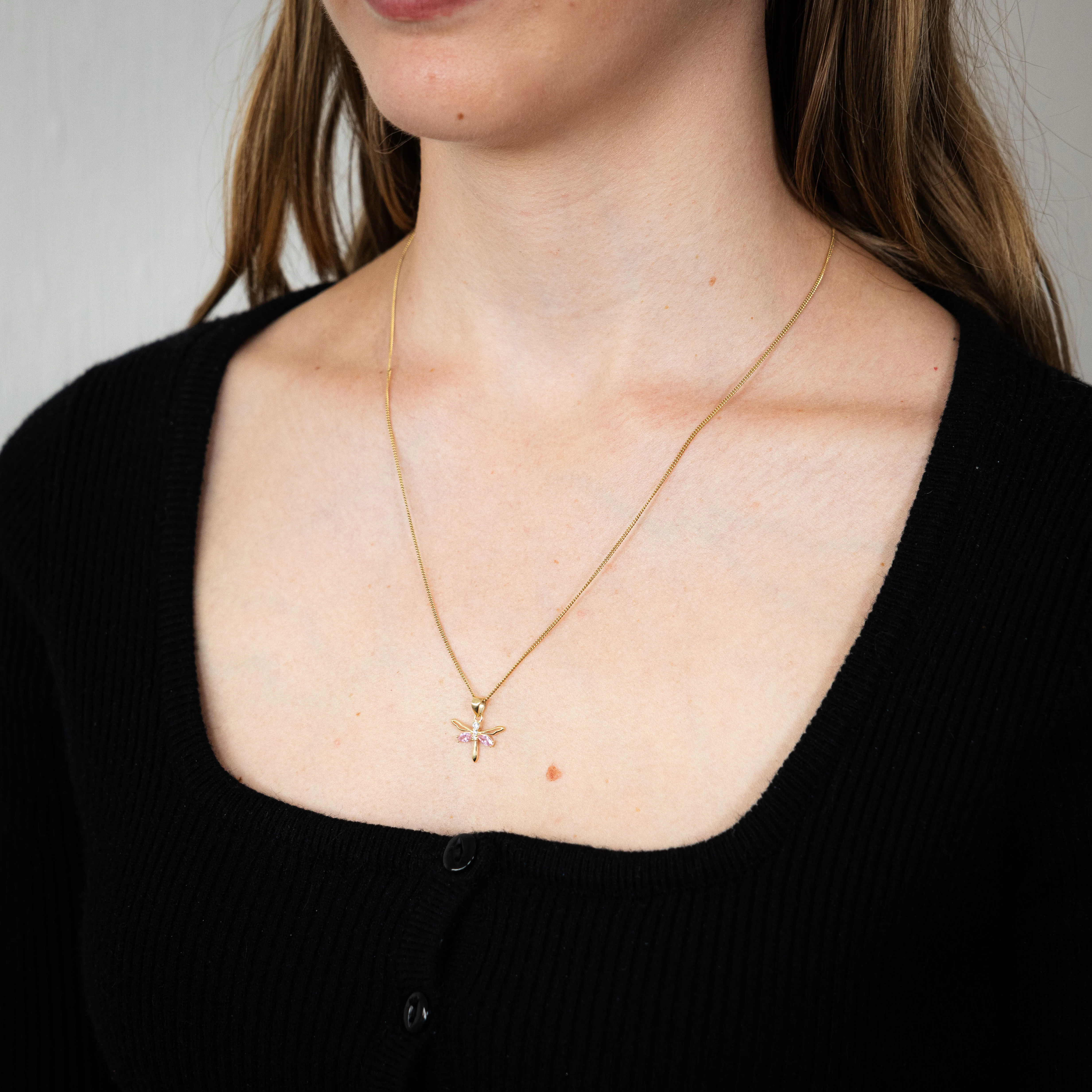9ct Yellow Gold Zirconia Pink Dragonfly Pendant - Image 2