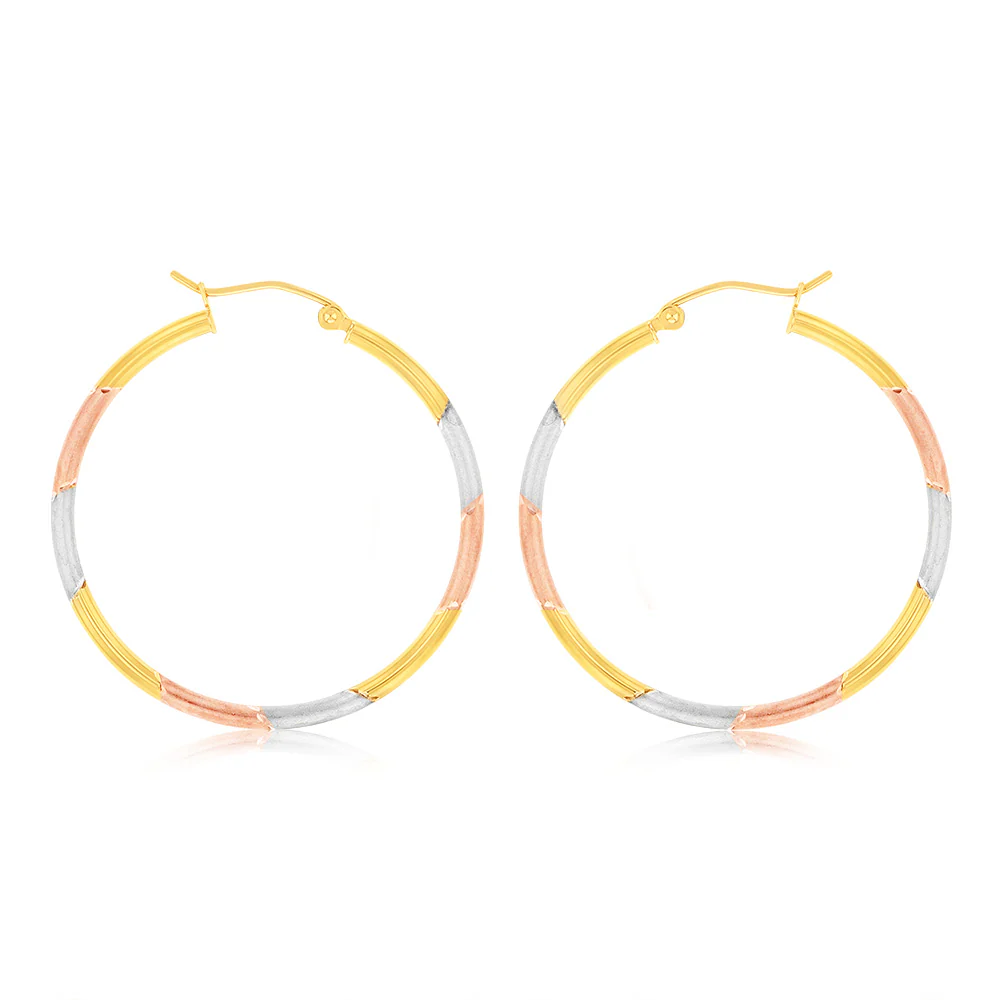 9ct Yellow Rose And White Gold Tri Colour Super Light Diamond Cut Tube Hoop Earrings