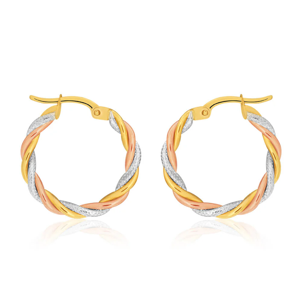 9ct Yellow, Rose & White Gold Hoop Earrings 3 tube twist