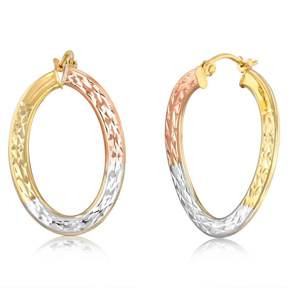 9ct Yellow, White and Rose Gold Tricolor Silverfilled Oval Diamond Cut Twist 18 x 25mm Earrings