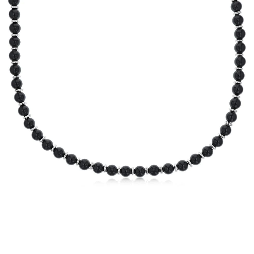 Black Beaded Necklace with Silver Spacers - Image 2