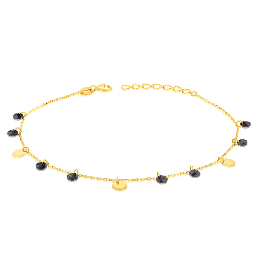 Black Cubic Zirconia Disc Charm 17.8cm Bracelet in 9ct Yellow Gold