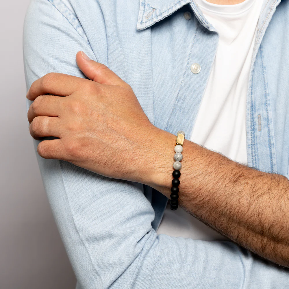 Black & Grey Stone Bead Bracelet with Gold Accent - Image 2