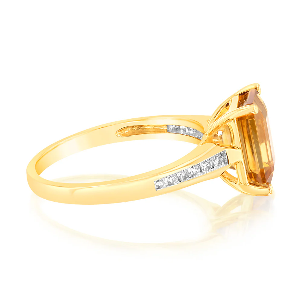 Citrine Emerald Cut and Channel Set Diamond Ring in 9ct Yellow Gold - Image 2