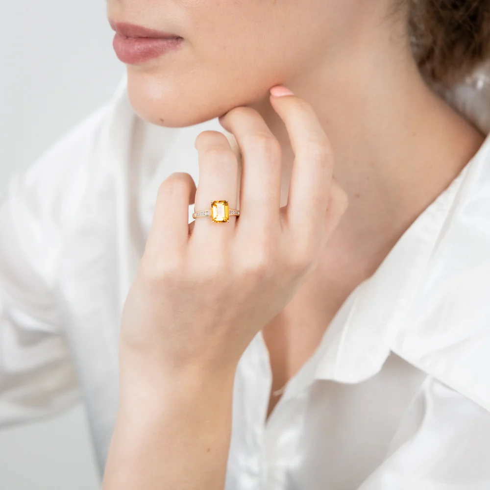Citrine Emerald Cut and Channel Set Diamond Ring in 9ct Yellow Gold - Image 3
