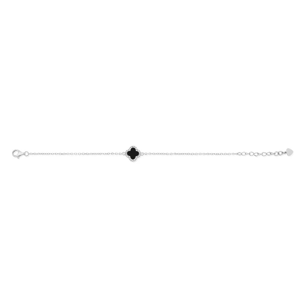 Clover Black Agate And White Cubic Zirconia 19cm Bracelet in Sterling Silver Rhodium Plated - Image 2