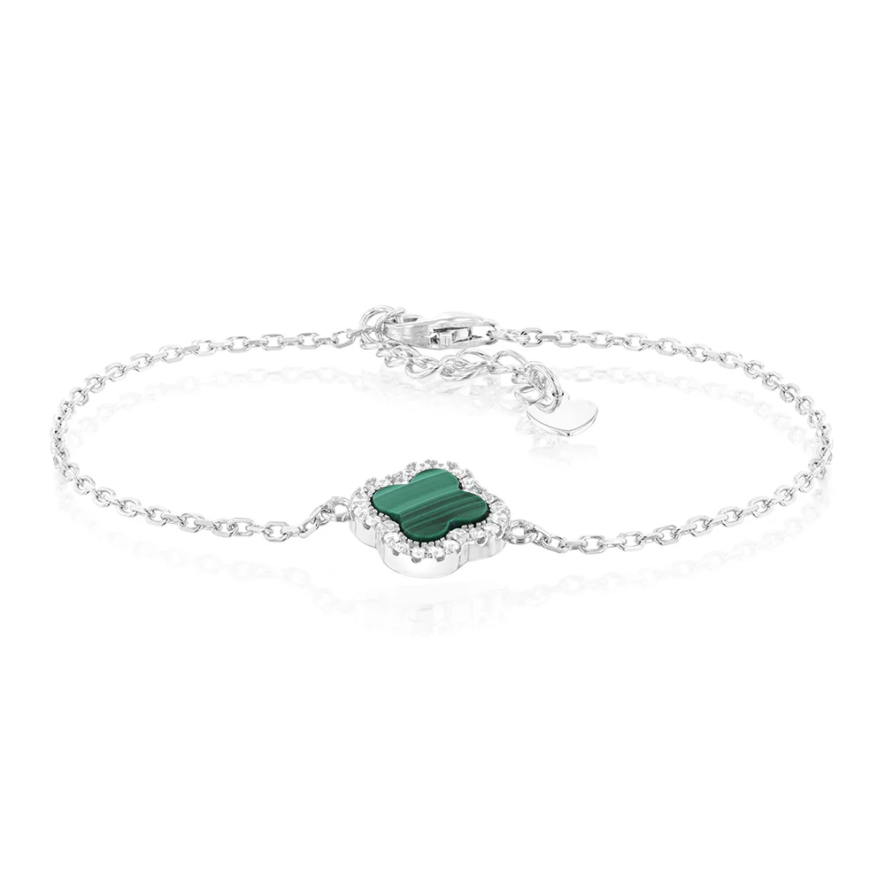 Clover Malachite & White Cubic Zirconia 19cm Bracelet in Sterling Silver Rhodium Plated