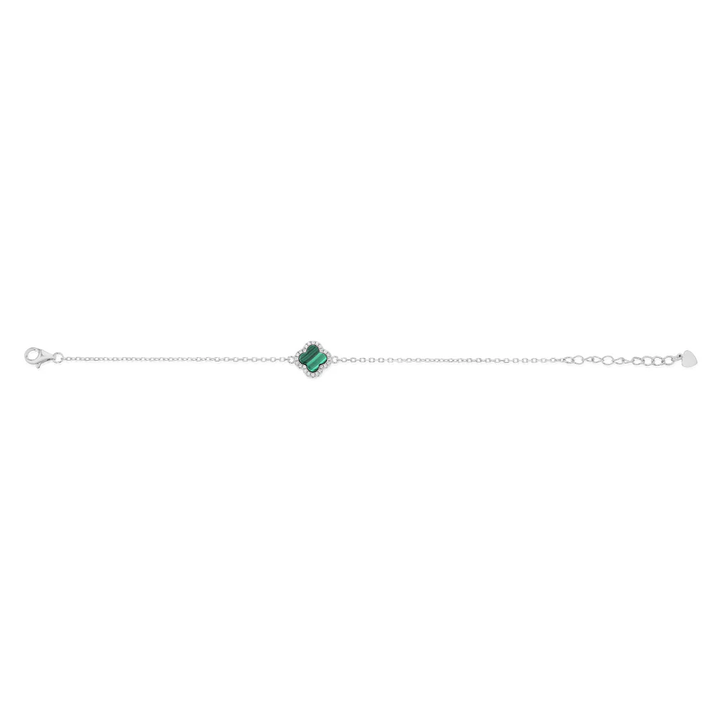 Clover Malachite & White Cubic Zirconia 19cm Bracelet in Sterling Silver Rhodium Plated - Image 2