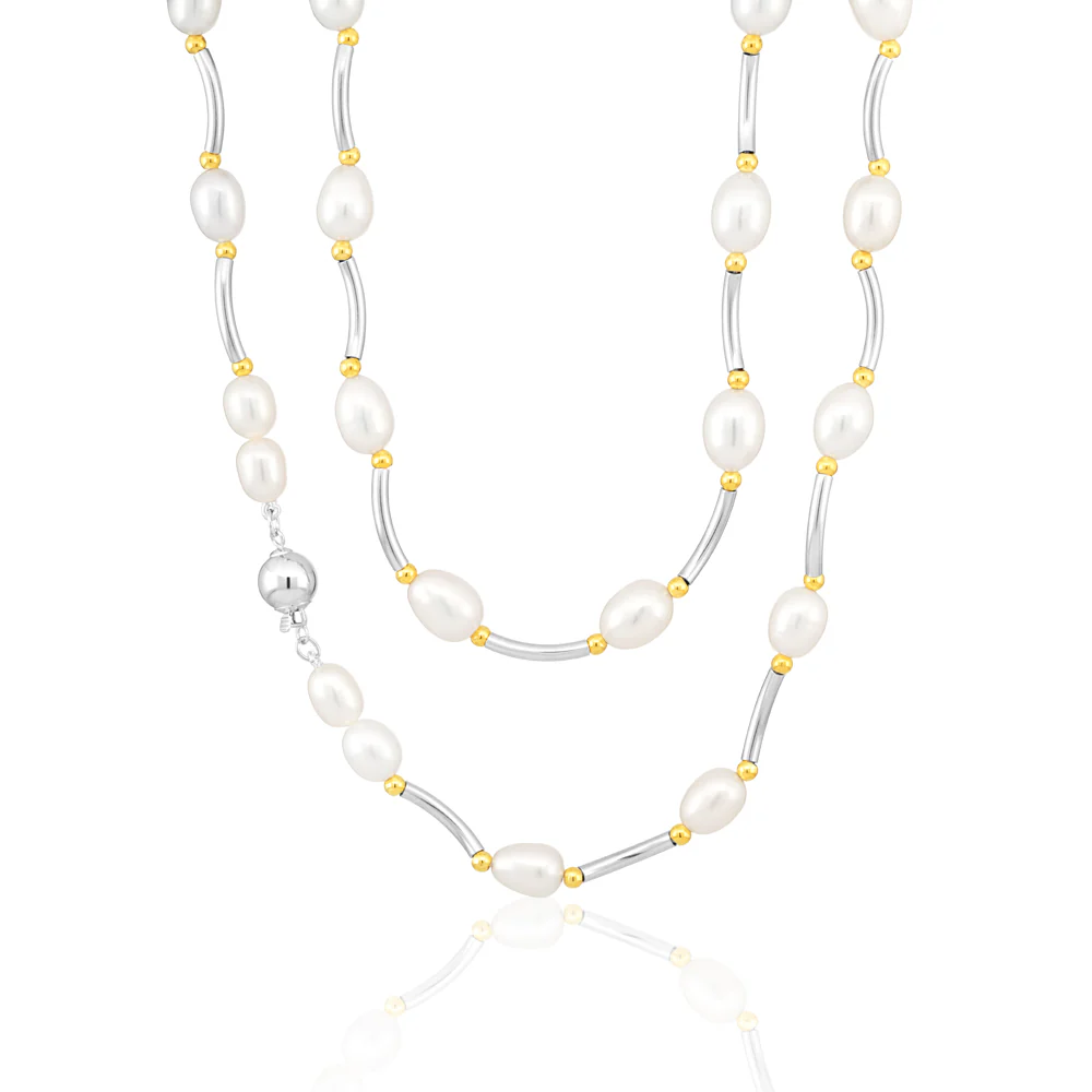 Cream Freshwater Pearl Oval Bar & Ball Necklace - Image 2