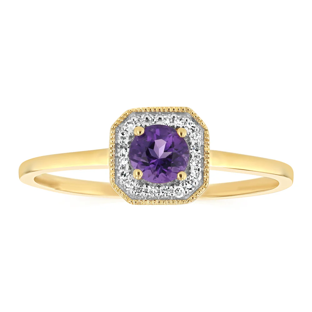 Created Amethyst and Diamond Ring in 9ct Yellow Gold