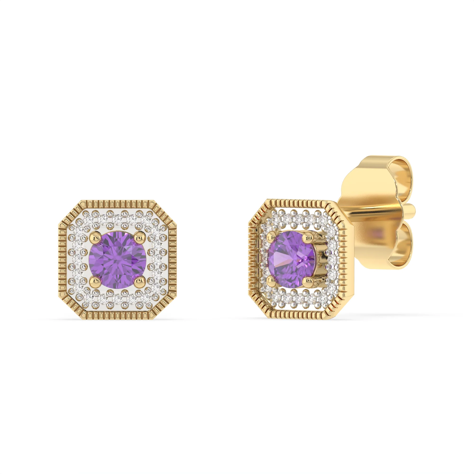 Created Amethyst and Diamond Stud Earrings in 9ct Yellow Gold