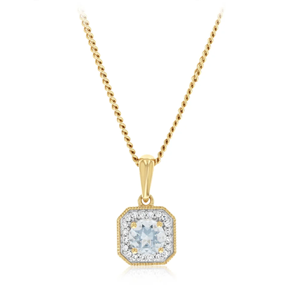 Created Aquamarine and Diamond Pendant in 9ct Yellow Gold