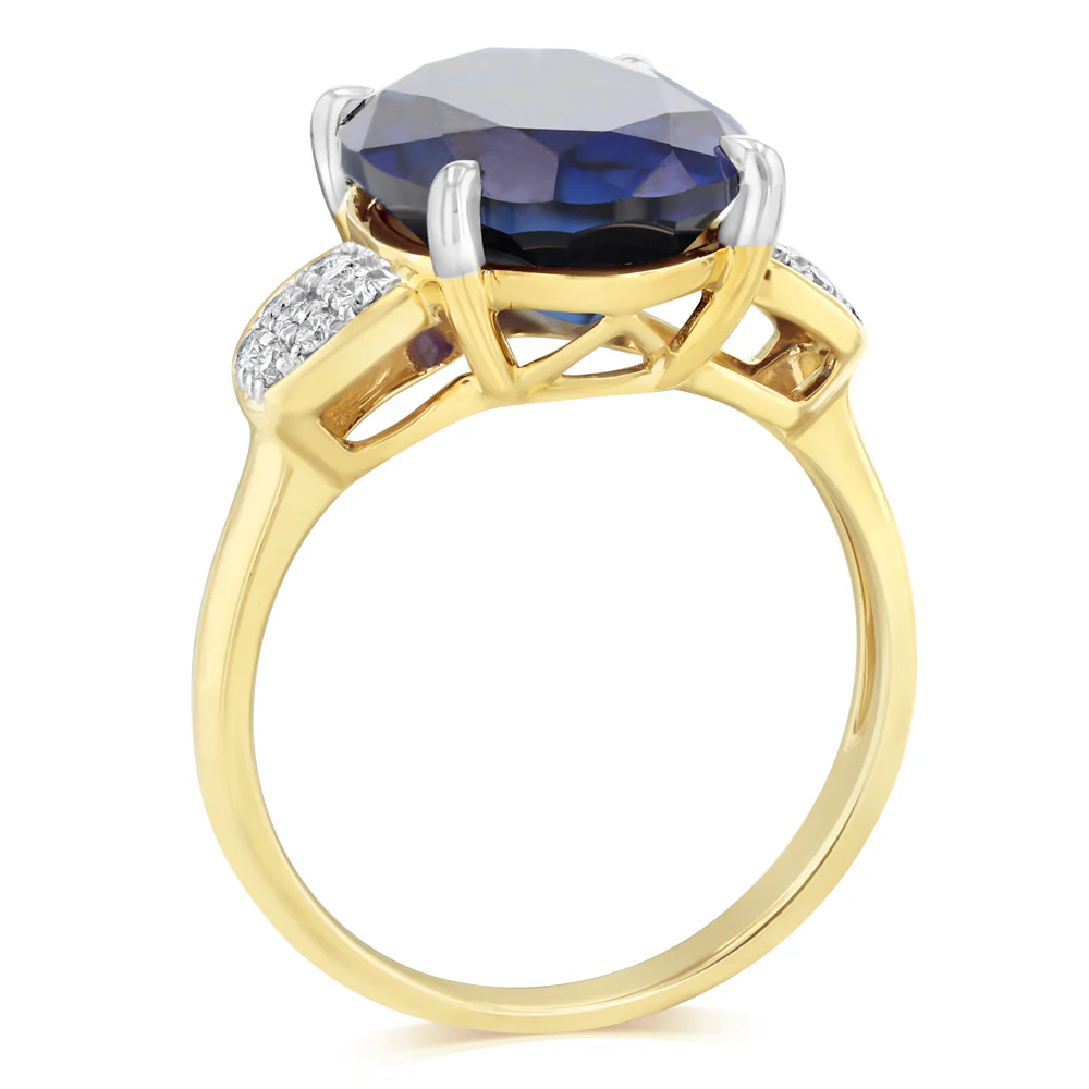 Created Blue Sapphire and Luminesce Lab Grown Diamond Ring in 9ct Yellow Gold - Image 3